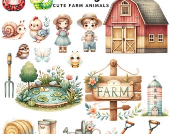 121 Cliparts de Granja Lindos | Animales Acuarela Estilo Cottage | PNG 300 DPI | Uso Comercia