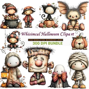 Op de afbeelding: Een verzameling grillige Halloween-clipartillustraties met verschillende personages zoals een heks, Frankenstein's monster, een mummie en een geest. De personages zijn afgebeeld in een schattige, cartoonachtige stijl met pompoenen en herfstbladeren. De tekst "Whimsical Halloween Clipart" is zichtbaar.
