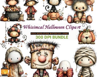 Whimsical Halloween Ghost Clipart Bundle, Watercolor PNG, Witch Hat Ghosts, Spooky Pumpkins, Fall Decor, Autumn Printables,digital download