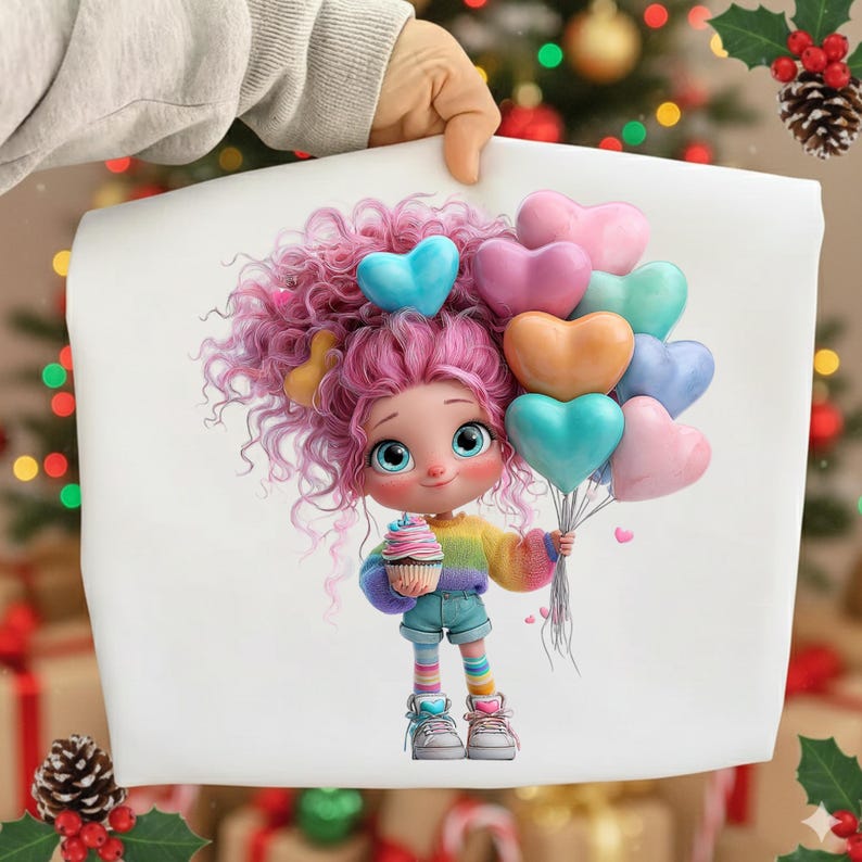 May include: A white canvas features a cartoon girl with pink curly hair, holding heart-shaped balloons and a cupcake. She wears a rainbow sweater, denim shorts, and sneakers. The balloons are various pastel colors.