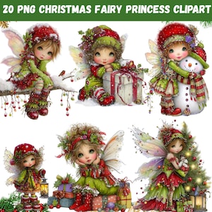 Puede incluir: Seis ilustraciones de princesas hadas navideñas. Las hadas visten de rojo, verde y blanco, con alas y ojos grandes. Algunas sostienen regalos, un muñeco de nieve o están cerca de un árbol de Navidad. El texto en la parte superior dice "20 PNG CHRISTMAS FAIRY PRINCESS CLIPART."