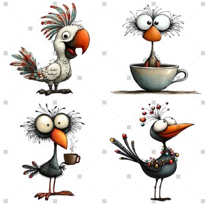 K&ouml;nnte beinhalten: Eine skurrile Illustration zeigt vier Cartoon-V&ouml;gel mit &uuml;bertriebenen Merkmalen. Einer ist ein wei&szlig;er Papagei mit rotem Schnabel und bunten Federn. Ein anderer sitzt in einer Teetasse. Der dritte h&auml;lt eine Kaffeetasse, und der letzte ist mit bunten Perlen geschm&uuml;ckt.