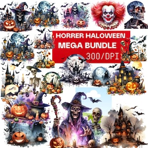 Könnte beinhalten: Eine Sammlung von Aquarellillustrationen zum Thema Halloween. Die Bilder zeigen Kürbisse, Skelette, Hexen, Spukhäuser, Fledermäuse und einen Clown. Text auf einem roten Banner lautet "Horror Halloween Mega Bundle 300/DPI."