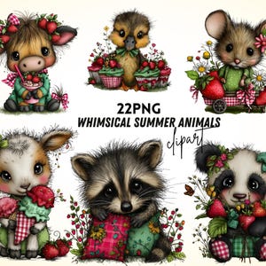 Op de afbeelding: Een verzameling grillige zomer dieren clipart. De afbeelding toont een koe, eendje, muis, lam, wasbeer en panda, elk versierd met bloemen en aardbeien. De tekst "22PNG WHIMSICAL SUMMER ANIMALS clipart" is ook aanwezig.