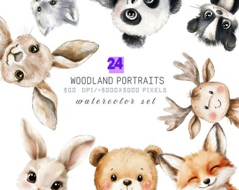 Watercolor Woodland Animals Clipart: Baby Shower Nursery Decor (PNG Files, Digital Download)