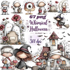 Könnte beinhalten: Ein digitales Clipart-Set mit skurrilen Halloween-Charakteren. Das Bild enthält Illustrationen von Geistern, Hexen, Mumien und einem einäugigen Monster sowie ein Spukhaus und Fledermäuse. Der Text auf dem Bild lautet "Whimsical Halloween Clipart" und "300 dpi".
