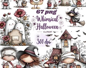 Whimsical Halloween Ghost Clipart Bundle, Watercolor PNG, Witch Hat Ghosts, Spooky Pumpkins, Fall Decor, Autumn Printables,digital download