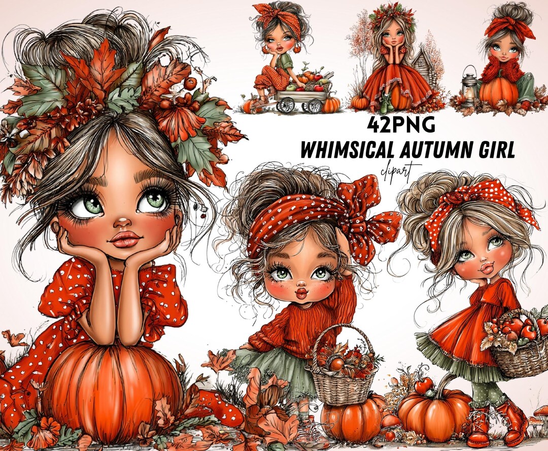 Little Autumn Girl Clipart Bundle 42 PNG High Quality Watercolor Quirky ...