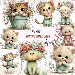 Puede incluir: Una colección de adorables gatos de dibujos animados en varias poses, adornados con coronas florales y flores de primavera. Un gatito asoma de una maceta. La imagen incluye el texto "45 PNG Spring Cute Cats clipart."