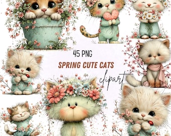 45 PNG Whimsical Cat Clipart – Cute Spring Cat with White Floral Crown Quirky Cat Art for Crafts, Cards & Stickers – Commercial Use