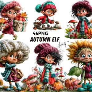 May include: A collection of 46 PNG digital illustrations titled Autumn Elf clipart, featuring cartoon elves in various seasonal scenes with pumpkins, mushrooms, sunflowers, lanterns, and wrapped gifts, all wearing knit hats and scarves.
