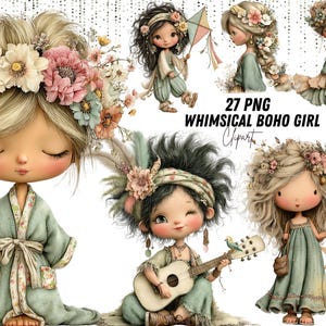 Puede incluir: Ilustraciones digitales de chicas bohemias caprichosas con coronas de flores y vestidos fluidos. Una chica toca el ukelele, otra sostiene una cometa. El texto "27 PNG WHIMSICAL BOHO GIRL Clipart" también es visible.