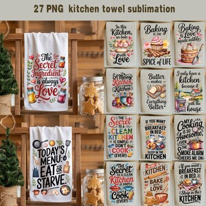 Puede incluir: Una colección de paños de cocina con varios diseños y texto. Algunas toallas presentan frases como "El ingrediente secreto es siempre amor" y "Menú de hoy: comer o morir de hambre". Otras toallas tienen temas de repostería, con imágenes de pasteles.