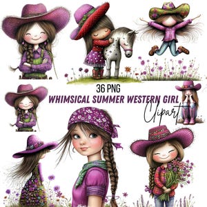Puede incluir: Una colección de ilustraciones caprichosas con personajes de vaqueras. Cada vaquera se representa con un atuendo colorido, usando un sombrero de vaquero y rodeada de elementos florales. También se incluye el texto "36 PNG WHIMSICAL SUMMER WESTERN GIRL Clipart".