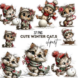 Puede incluir: Una colección de imágenes prediseñadas de gatos de invierno lindos. Los gatos se representan en varias poses, usando gorros de invierno, bufandas y sosteniendo regalos o bolas de nieve. Se muestra el texto "37 PNG CUTE WINTER CAT,S clipart".