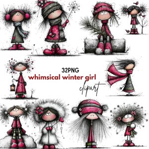 Könnte beinhalten: Eine Sammlung skurriler Wintermädchen-Cliparts. Jedes Mädchen wird in einer einzigartigen Pose dargestellt und trägt Winterkleidung in Rosa-, Rot-, Grau- und Weißtönen. Der Text "whimsical winter girl clipart" wird angezeigt.