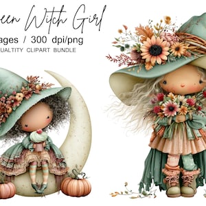 May include: Digital clipart bundle titled Halloween Witch Girl featuring 41 images at 300 dpi. The graphics depict a character in a sage green witch hat adorned with autumn flowers, sitting on a crescent moon with pumpkins, and standing with a bouquet.