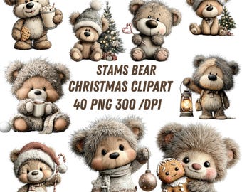 Christmas Teddy Bear PNG Watercolor Clipart | Cottagecore Esthetiek | Commercieel Gebruik | Babyshower & Verjaardagsfeest Sublimatie
