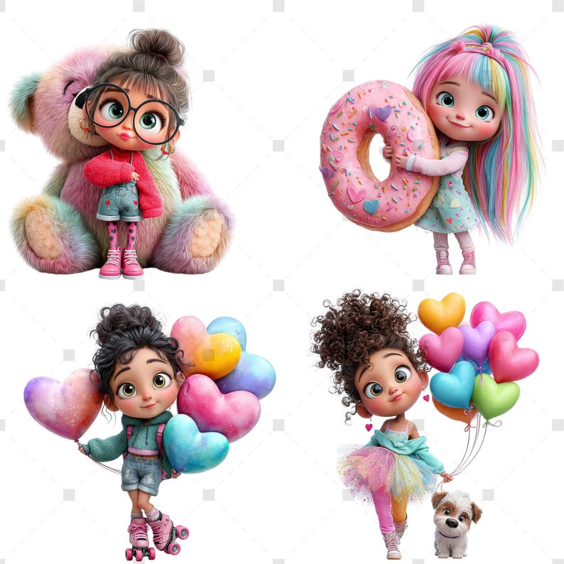 May include: Four cartoon illustrations featuring cute girls with various accessories. One girl wears glasses and stands with a rainbow teddy bear. Another holds a giant donut. Two others hold heart-shaped balloons, one on roller skates, the other with a puppy.