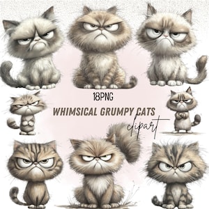 May include: A collection of whimsical grumpy cat clipart images. Each cat is depicted with a stern expression, featuring detailed fur and expressive eyes. The text "18PNG WHIMSICAL GRUMPY CATS clipart" is displayed.