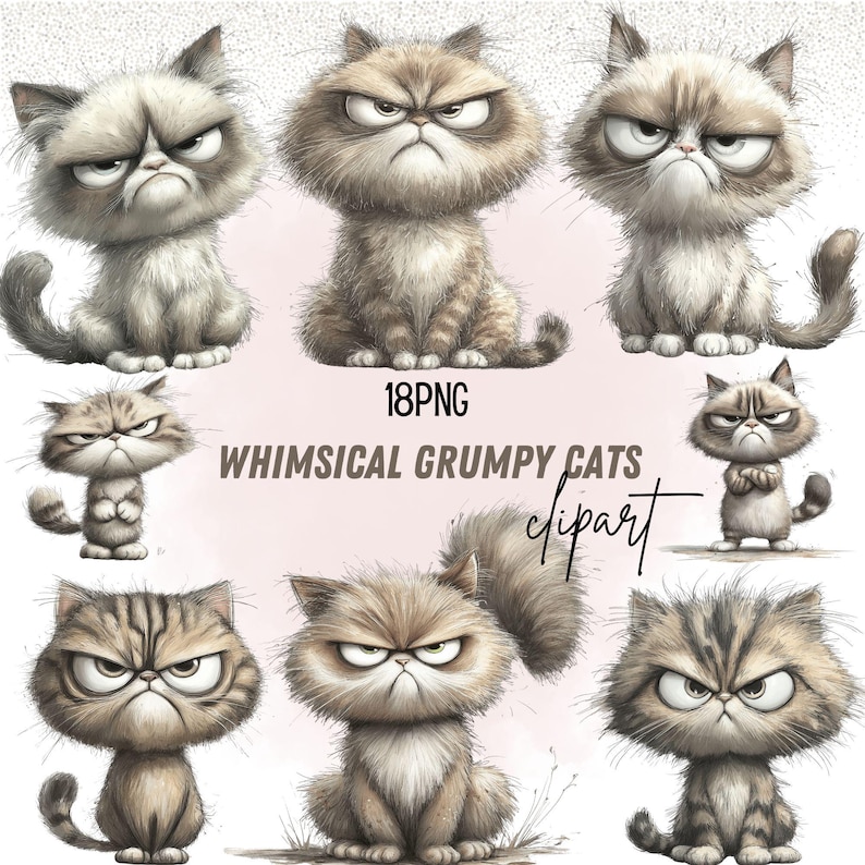 May include: A collection of whimsical grumpy cat clipart images. Each cat is depicted with a stern expression, featuring detailed fur and expressive eyes. The text "18PNG WHIMSICAL GRUMPY CATS clipart" is displayed.
