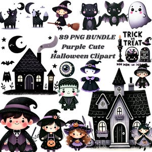 Puede incluir: Un conjunto de imágenes prediseñadas de Halloween en morado y negro. La imagen incluye ilustraciones de brujas, gatos, murciélagos, fantasmas, casas y el texto "89 PNG BUNDLE Purple Cute Halloween Clipart" y "Trick or Treat".