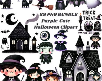 Cute purple  Halloween Clipart - Watercolor - Kawaii Png - Ghost - Frankenstein - Vampire - Halloween Png - Kid's Clipart Bundle