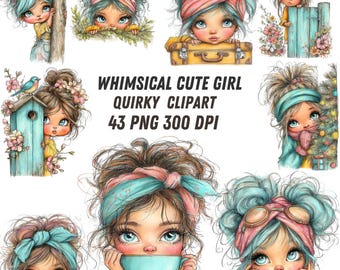 Dieses 43 PNG Whimsical Girls Clipart Set enthält niedliche Illustrationen von sitzenden Mädchen in bezaubernden Winter- und Festtagsoutfits