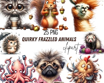 Whimsical Quirky Frazzled Animal Clipart, 25 PNGs, Transparent Background (Digital Download)
