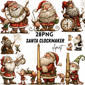 Könnte beinhalten: Eine Sammlung von 28 digitalen PNG-Illustrationen, die den Weihnachtsmann als Uhrmacher zeigen, begleitet von Elfen und Uhren. Der Text lautet 28PNG SANTA CLOCKMAKER clipart. Der Weihnachtsmann trägt einen weißen Bart, einen roten Mantel und eine Mütze.