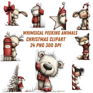 Puede incluir: Clipart navideño caprichoso con animales y personajes asomándose. Incluye un conejo, un muñeco de nieve, un gnomo en forma de estrella, un perro, un reno, un zorro, un oso y una niña, todos con detalles festivos. También incluye el texto "WHIMSICAL PEEKING ANIMALS CHRISTMAS CLIPART 24 PNG 300 DPI."