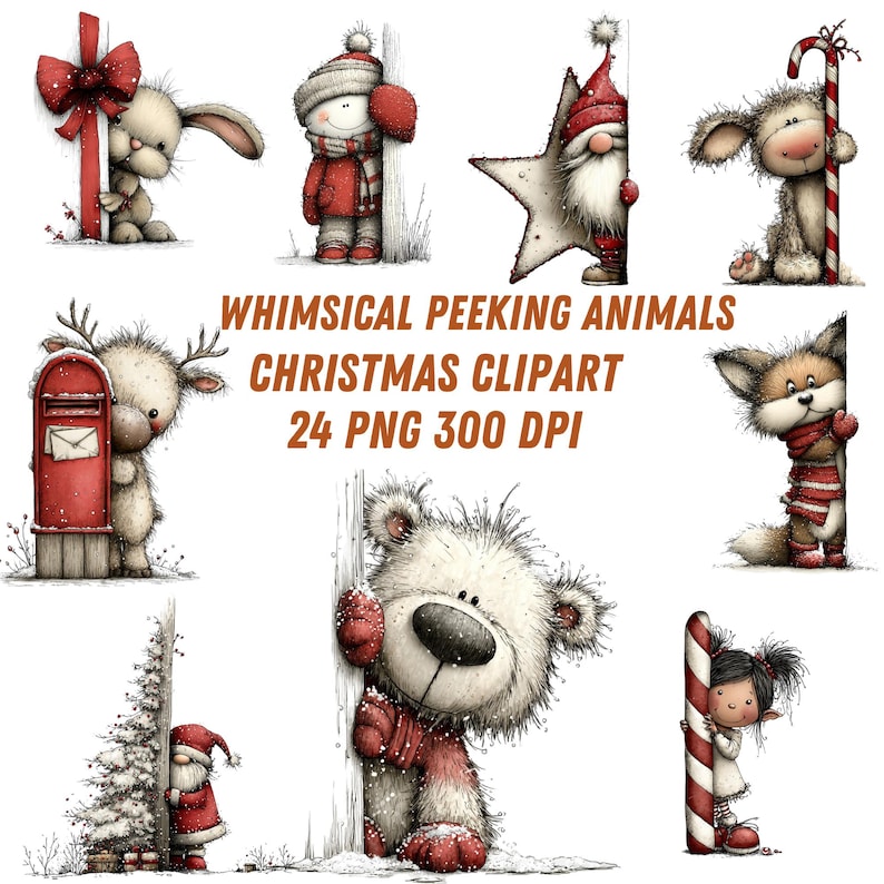 24 PNG Peeking Christmas Clipart Bundle | Personajes Navideños Adorables | Galleta de Jengibre, Elfo, Santarbol, Reno | 300 DPI