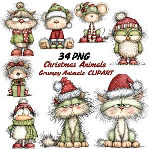 May include: A selection of Christmas animal clipart with a whimsical style. The illustrations depict grumpy-looking animals, such as a cat, bear, mouse, owl, and penguin, all wearing festive hats and scarves. Text reads "34 PNG Christmas Animals Grumpy Animals CLIPART."