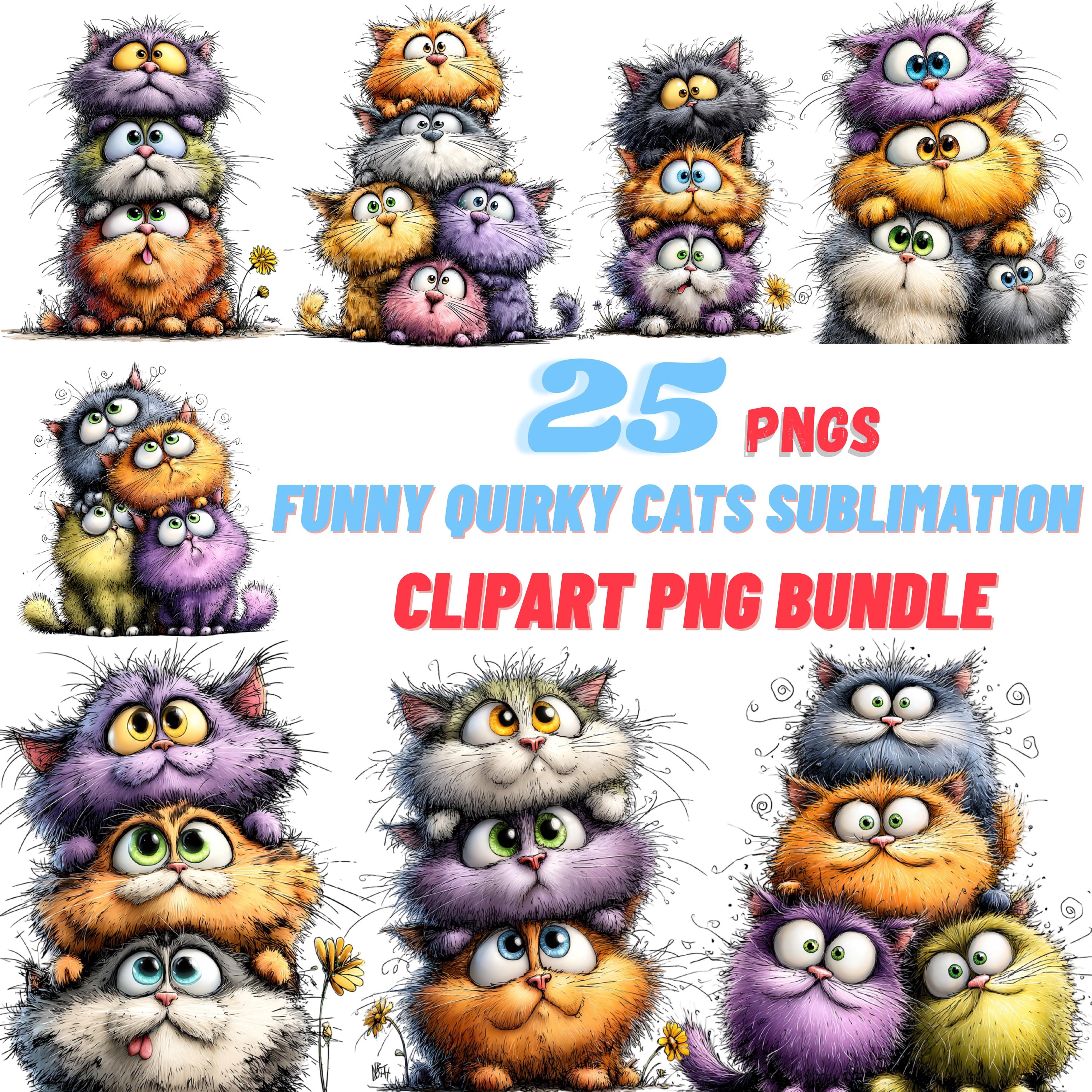 Funny Quirky Cats PNG Bundle | Cute Cartoon Cat Clipart | Whimsical Cat ...