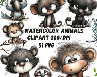 61 png akvarell roliga söta djur kikar clipart-paket, roligt djurpaket, söta djur clipart, akvarell djur clipart, barnrumstryck