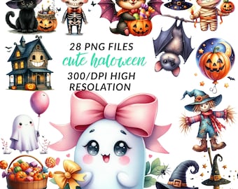Cute Halloween Clipart - Watercolor - Ghost - Pumpkin - Cat - Spider - Bat - Halloween Png - Cauldron - Haunted House - Commercial Use
