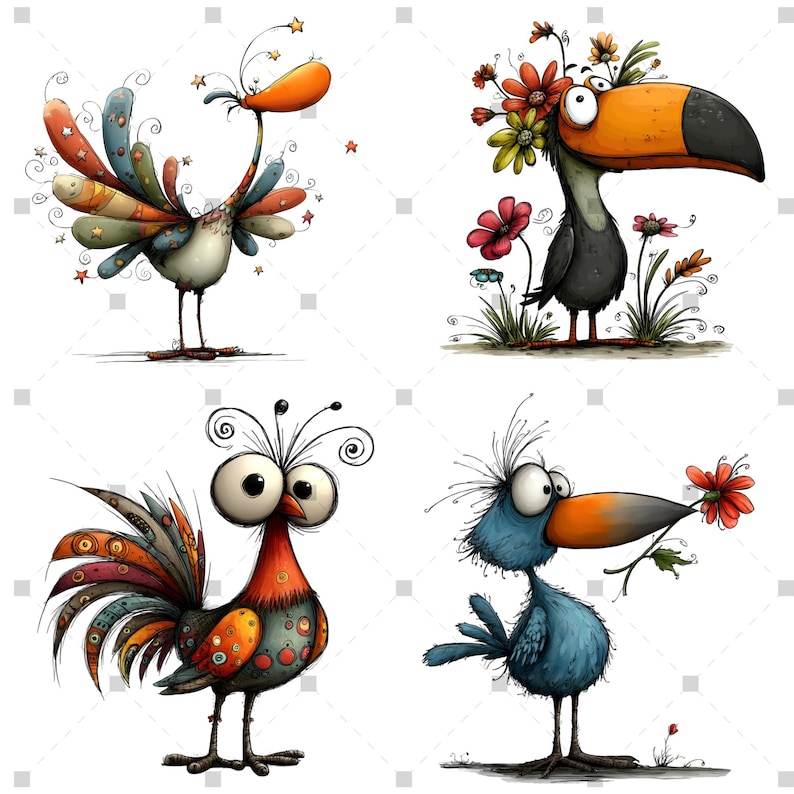 K&ouml;nnte beinhalten: Vier skurrile Vogelillustrationen. Ein Vogel hat einen bunten f&auml;cherf&ouml;rmigen Schwanz, ein anderer ist ein Tukan mit Blumenkranz, ein dritter hat gro&szlig;e Augen und einen gemusterten K&ouml;rper, und der letzte h&auml;lt eine Blume im Schnabel.