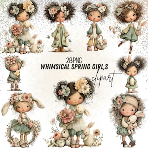 Puede incluir: Una colección de imágenes prediseñadas de chicas primaverales caprichosas. Las ilustraciones presentan chicas con tocados florales, sosteniendo conejitos, flores y huevos. La paleta de colores incluye tonos pastel suaves, con el texto "28PNG WHIMSICAL SPRING GIRLS clipart".