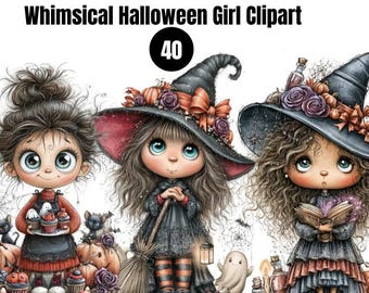Quirky Halloween Witch PNG Bundle, Cute Witch Clipart, Cottagecore Halloween, Whimsical halloween Girl PNG, Digital Download