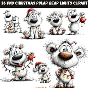 Op de afbeelding: Een verzameling cartoon ijsberen in verschillende poses, versierd met kerstverlichting en kerstmutsen. Sommige beren houden ornamenten of sterren vast. De afbeelding bevat de tekst "26 PNG CHRISTMAS POLAR BEAR LIGHTS CLIPART" bovenaan.
