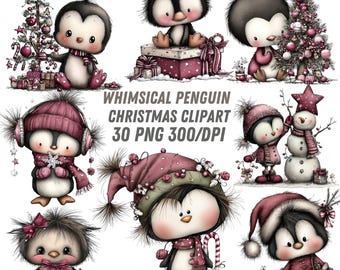 30 Cute Christmas Penguins Birds Clipart, Whimsical Winter Bird, Christmas Card, Printable Watercolor, High-Quality Pngs,, Junk Journal
