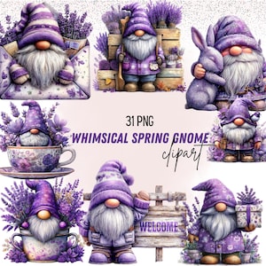 Puede incluir: Una colección de imágenes prediseñadas de gnomos de primavera caprichosos en tonos morados. Los gnomos se representan en varias poses, algunos sosteniendo lavanda, otros con un conejito o un letrero de bienvenida. También es visible el texto "31 PNG" y "WHIMSICAL SPRING GNOME clipart".
