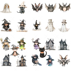 May include: Watercolor illustrations of Halloween-themed characters and objects. The image includes a ghost dog, a black cat, bats, witches, ghosts, haunted houses, a black cat, a raven, and a witch with a blue dress.