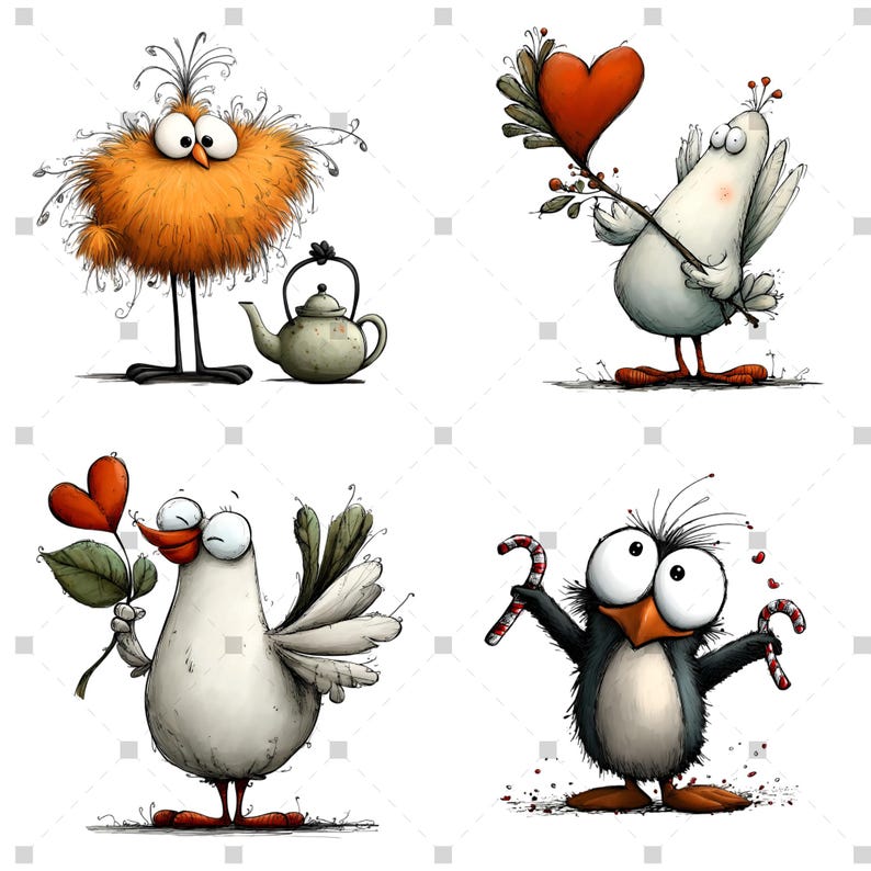 K&ouml;nnte beinhalten: Vier skurrile Cartoon-V&ouml;gel in quadratischem Layout. Einer ist orange und flauschig mit einer Teekanne, ein anderer h&auml;lt ein Herz, ein dritter hat eine herzf&ouml;rmige Blume und der letzte ist ein Pinguin mit Zuckerstangen. Alle haben gro&szlig;e Augen.