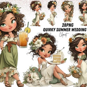 Op de afbeelding: Digitale illustratie van cartoonmeisjes in trouwjurken, met bloemenkransen. Jurken zijn wit en groen. Eén meisje houdt een cocktail vast. Tekst luidt "28PNG QUIRKY SUMMER WEDDING GIRL Clipart".