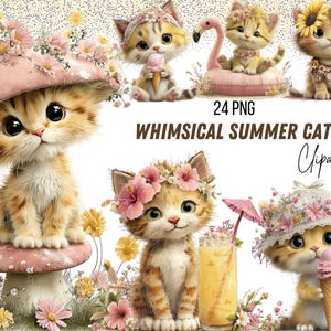 24 Clipart de Gatos de Verano PNG, Gatos de Verano con Gafas de Sol y Surf, 24 Archivos PNG, Fondo Transparente, Stickers