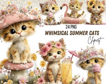 24 Summer Cat Clipart PNG, Summer Cats with Sunglasses & Surf, 24 PNG Files, Transparent Background, Stickers, Sublimation, Commercial Use