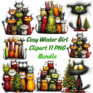 Puede incluir: Un paquete de arte digital con gatos de dibujos animados caprichosos en varios colores, algunos con árboles de Navidad. El texto "Cosy Winter Girl Clipart 11 PNG Bundle" se muestra en verde. Los gatos tienen ojos expresivos y diseños únicos.