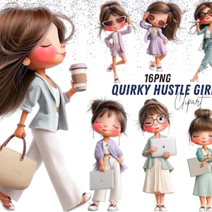 May include: Digital clipart featuring a cartoon woman in various poses, dressed in business casual attire. The images include a woman holding a coffee cup, a tote bag, and a laptop. Text reads "16PNG QUIRKY HUSTLE GIRL Clipart."