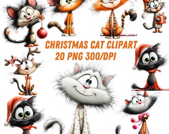 20 PNG Whimsical Christmas Cats Watercolor Clipart | Cute Festive Kitty Illustrations | High-Res 300 DPI Holiday Art Bundle